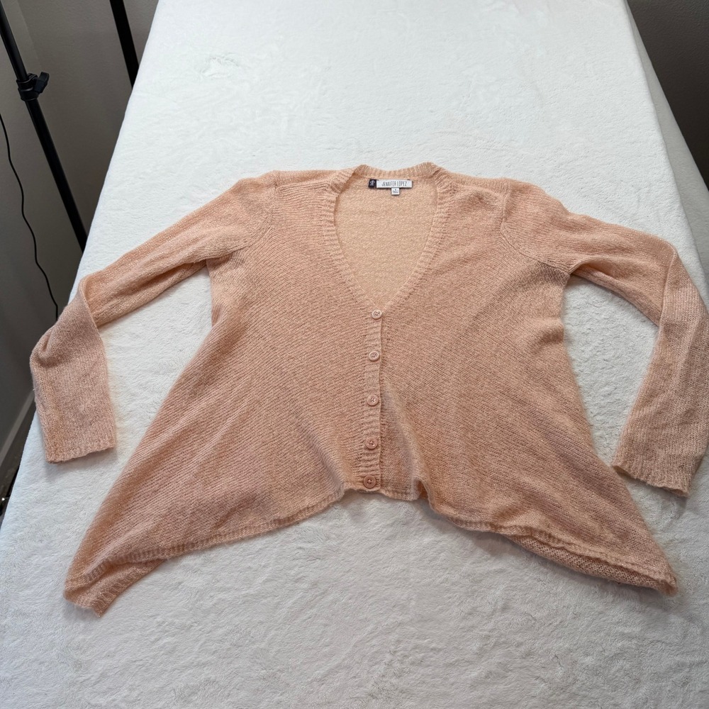 Jennifer Lopez Cardigan Sweater Women S Peach Good Metallic Mohair Sharkbite Hem